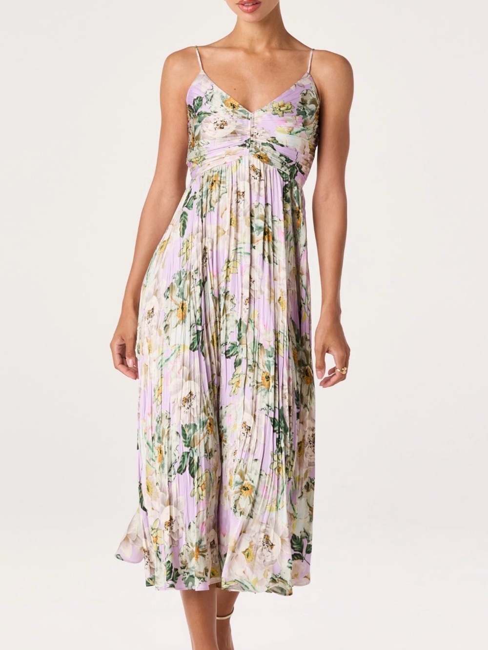 Astr Lavender Floral Pleated Spaghetti-Strap Midi Dress